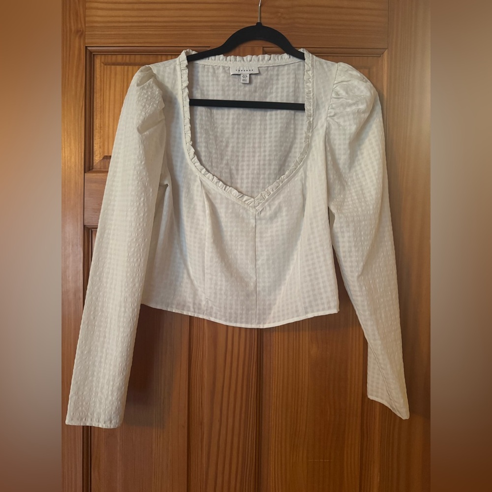 Topshop Cream Textured Blouse with Ruffle Trim